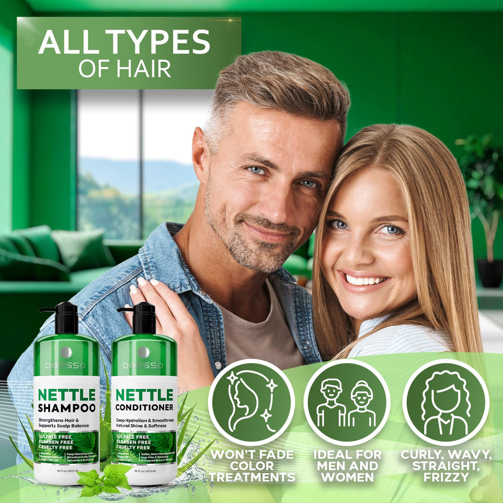 Pouring Bellisso nettle shampoo into hand for cleansing.