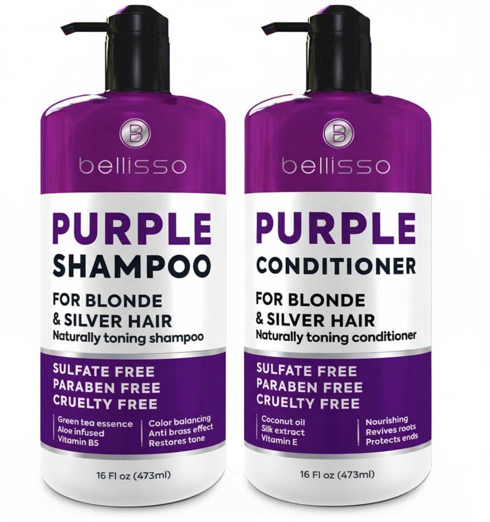 Bellisso purple shampoo bottle closeup showing color correction for blonde and gray hair