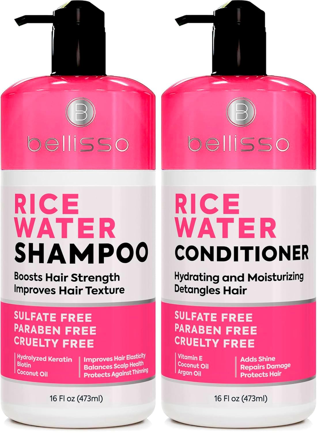 Bellisso Rice Water Shampoo bottle shows a gentle cleanse for thinning hair.