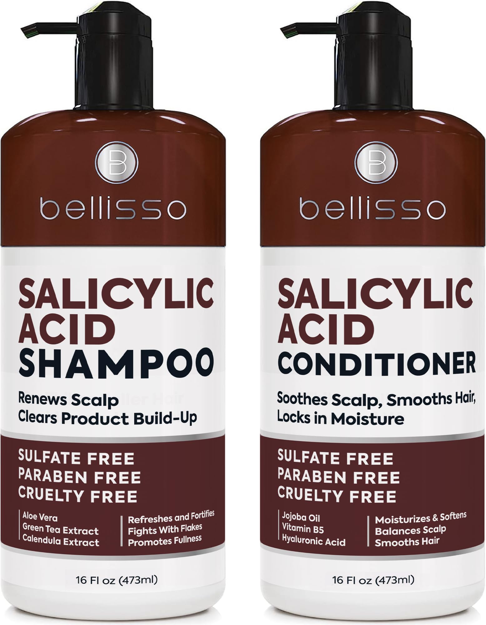 Bellisso salicylic acid shampoo bottle showing cleansing action against flakes.