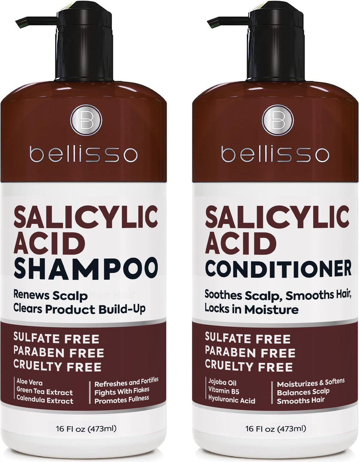 Bellisso salicylic acid shampoo bottle showing cleansing action against flakes.