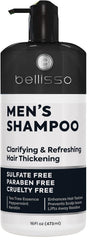 Bellisso shampoo para hombres: botella con árbol de té y menta, limpieza profunda y refrescante.