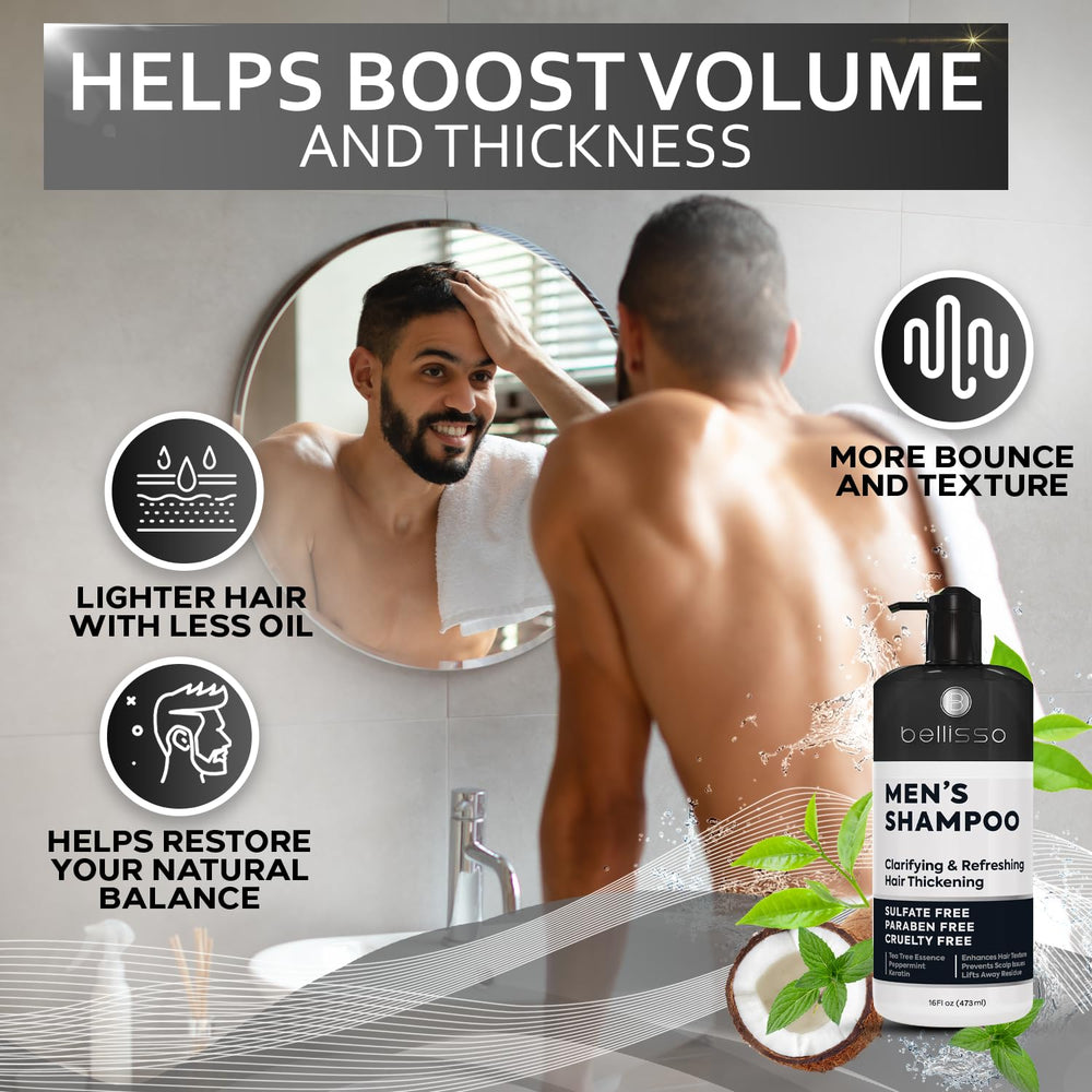 Bellisso shampoo hombre: aroma vigorizante de menta y árbol de té para una experiencia fresca.