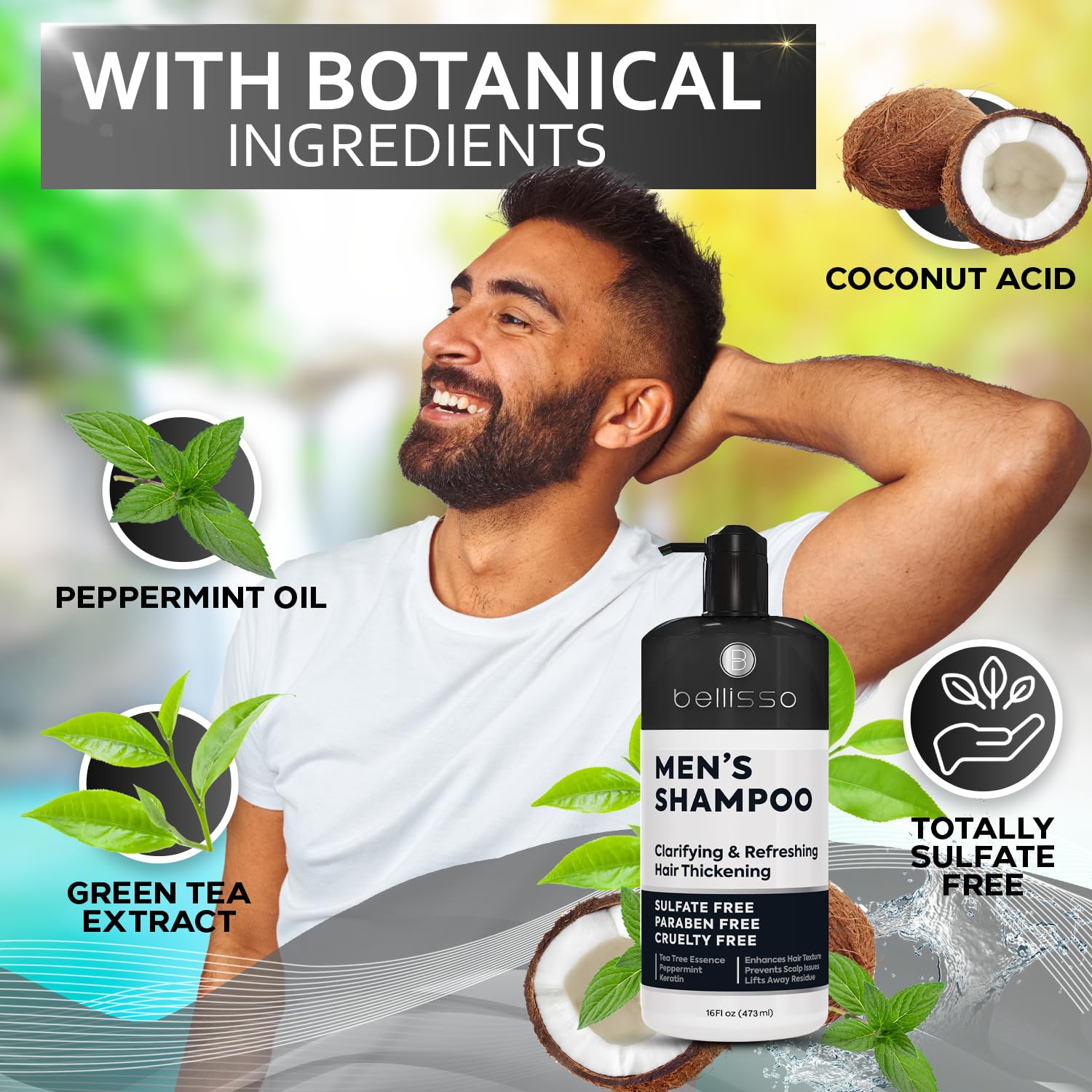 Bellisso shampoo hombre: fórmula sin sulfatos y parabenos para uso diario suave.