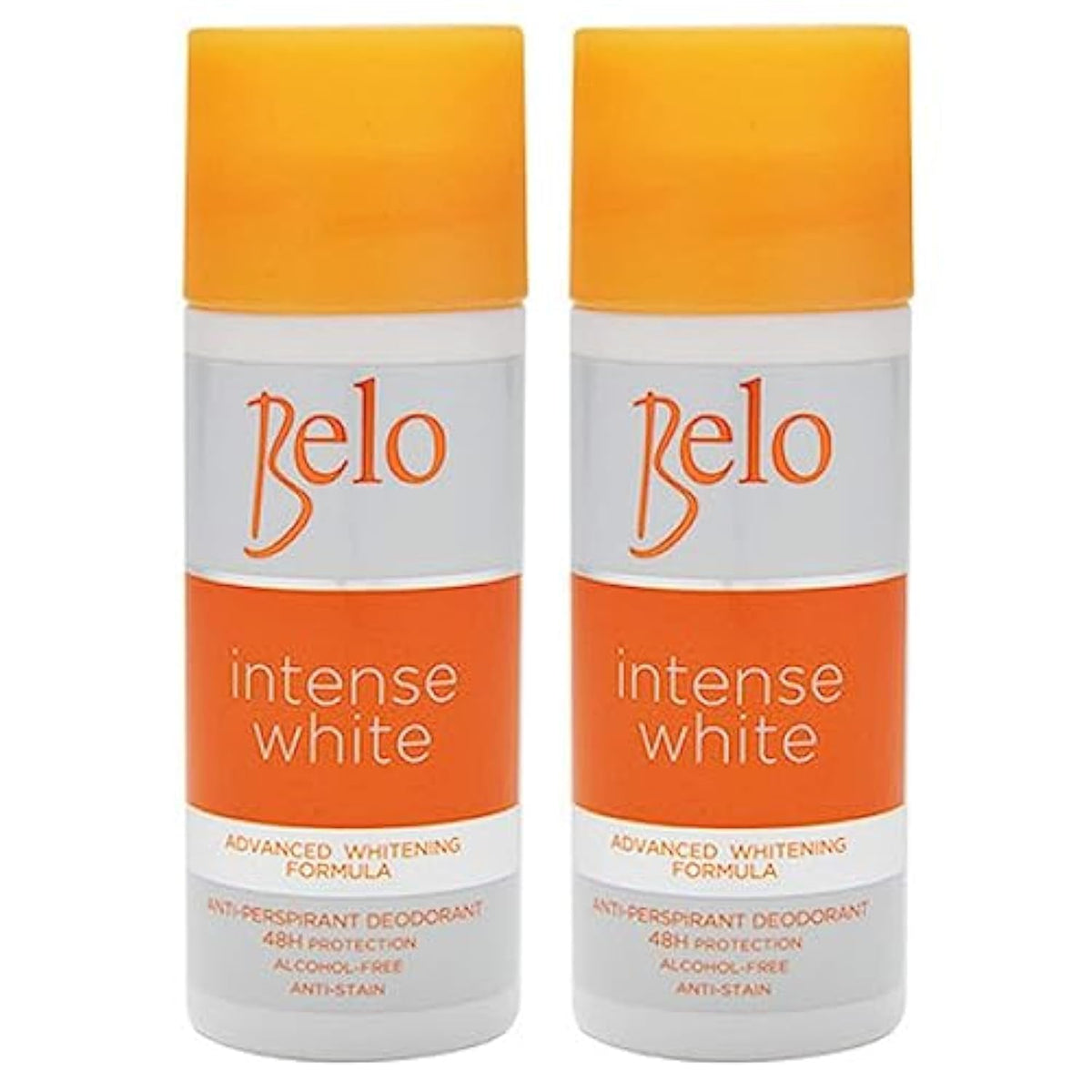Desodorante Belo Essentials Intenso Blanco, protección 48 horas y piel suave.