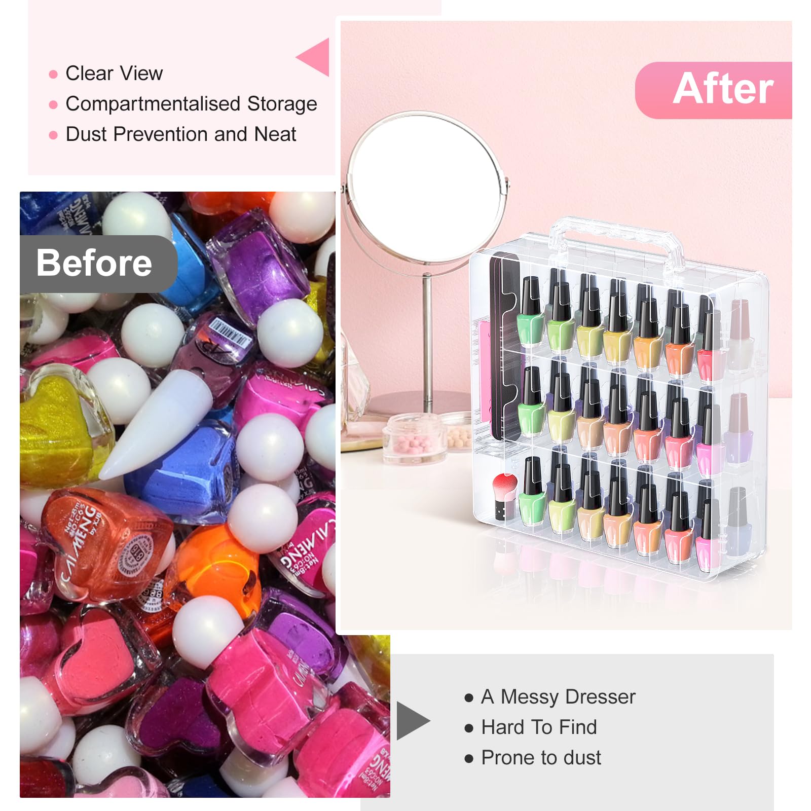Beloving nail polish organizer front-back open for quick loading.