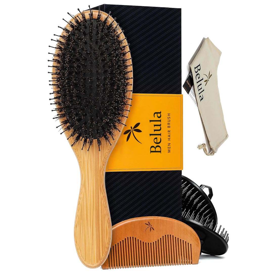 Belula boar bristle brush evenly distributes sebum for natural shine.