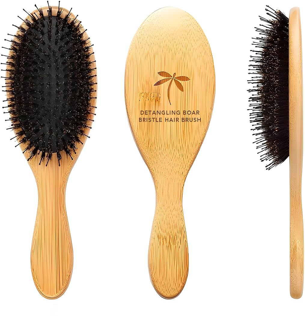 Belula Boar Bristle Hair Brush front view shows natural wood handle for gentle detangling