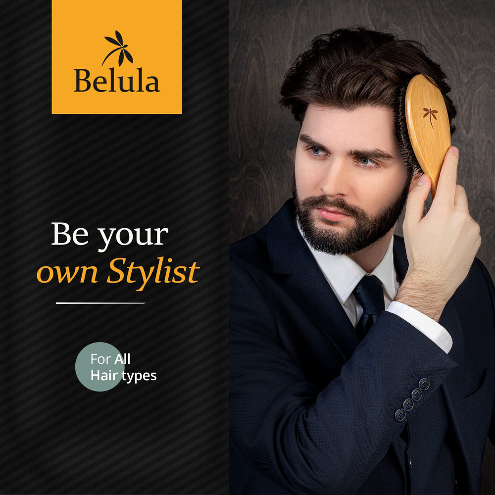 Belula boar bristle brush and nylon pins offer balanced grooming benefits.