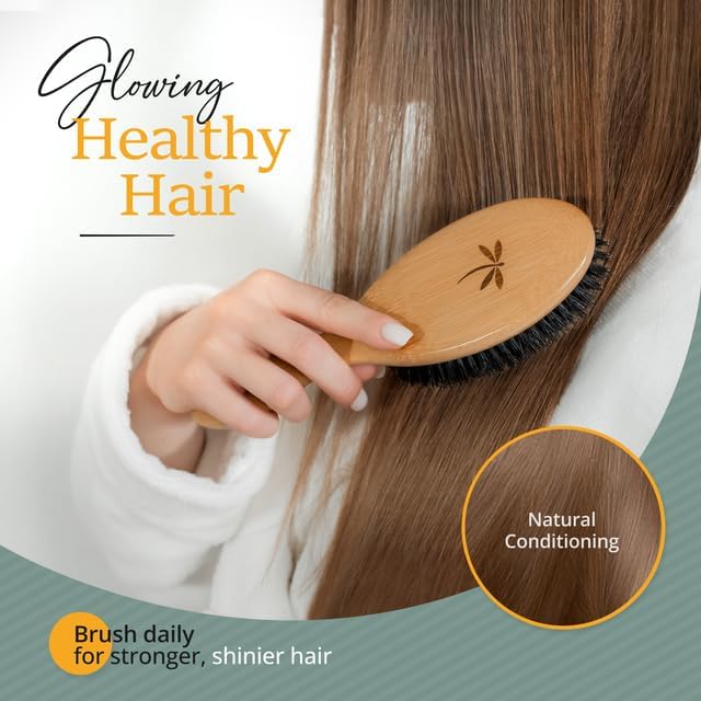 Belula boar bristle brush in hand shows smooth glide and calm styling