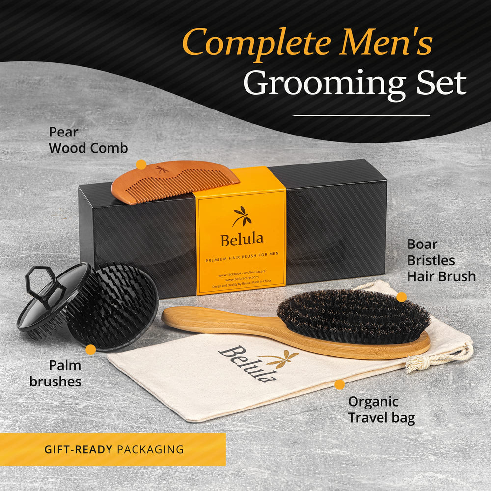Belula brush set on dresser conveys premium mens grooming aesthetic.