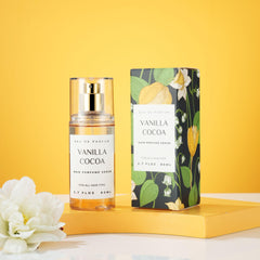 Benatu Vanilla Cocoa mist in air showing long-lasting fragrance.