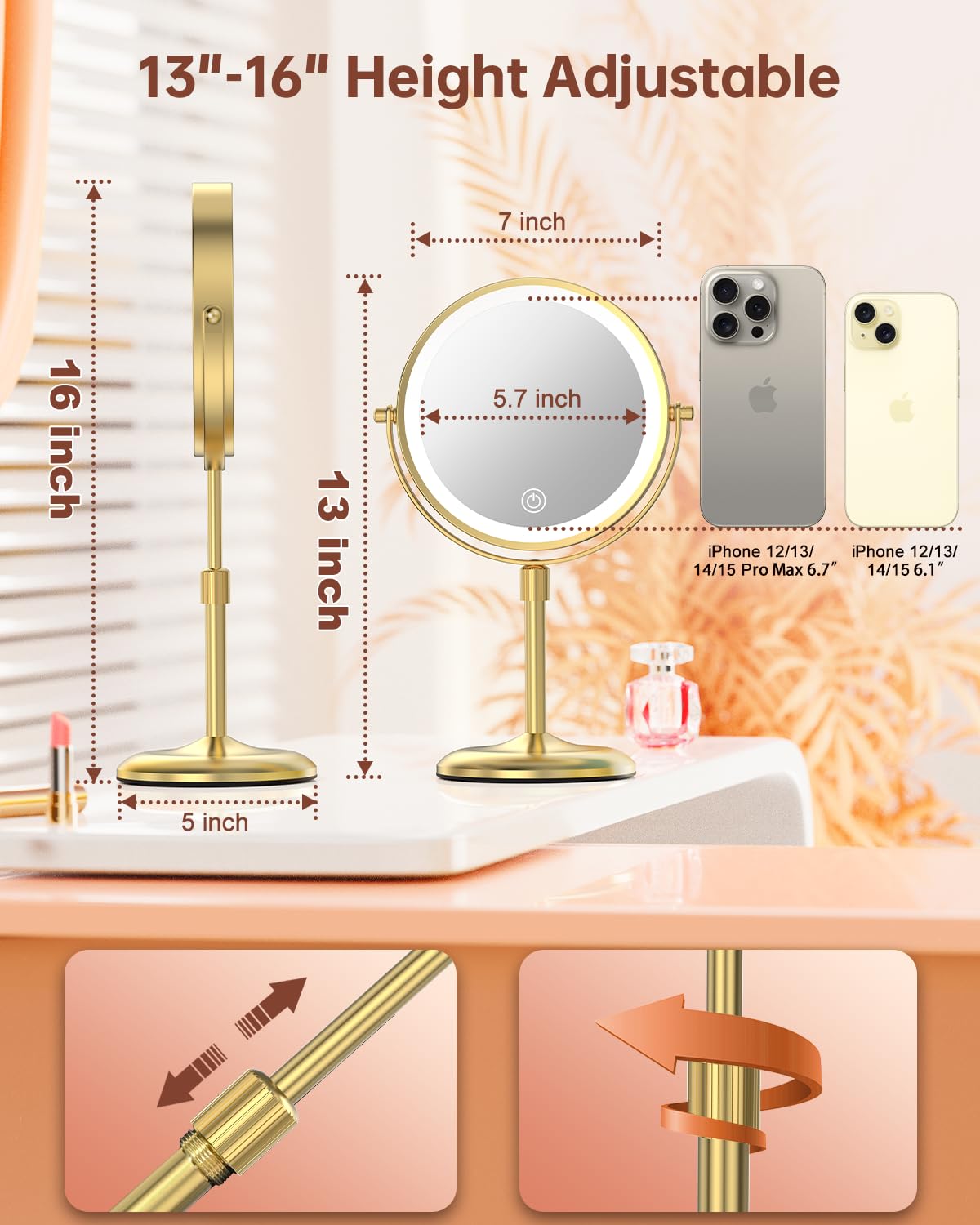 Benbilry lighted makeup mirror showing height-adjustable stand for easy angle positioning