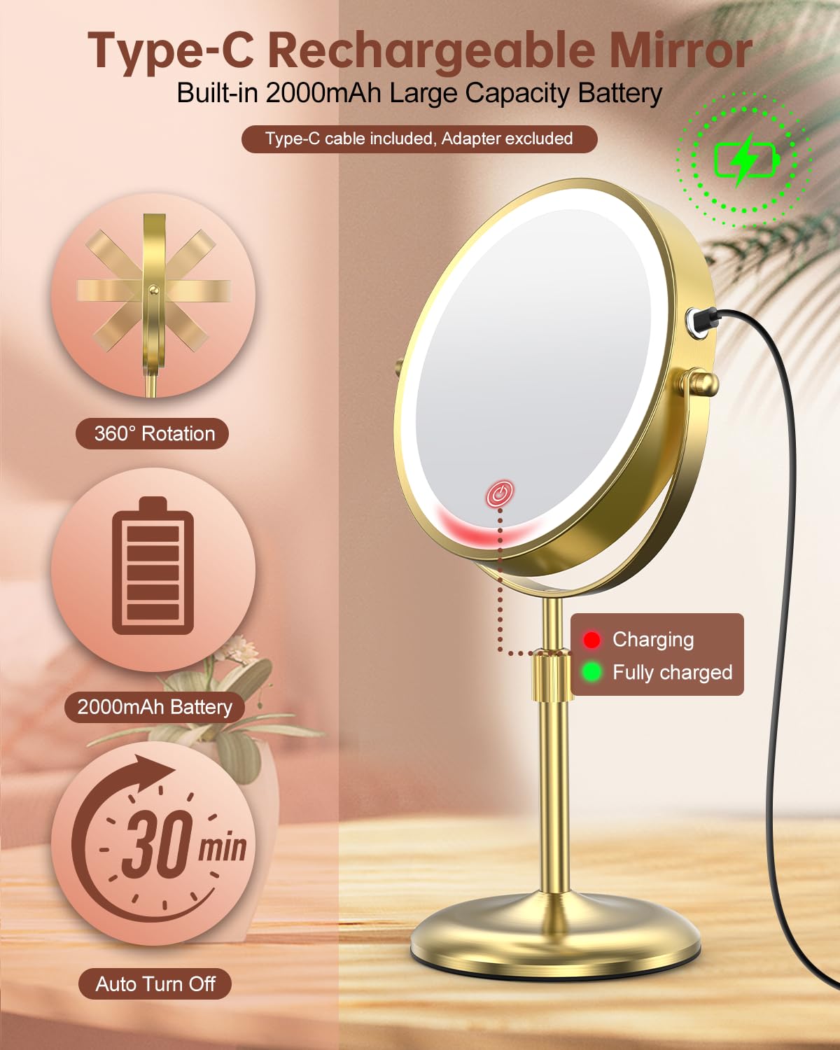 Benbilry lighted makeup mirror uses Type-C charging for cordless convenience