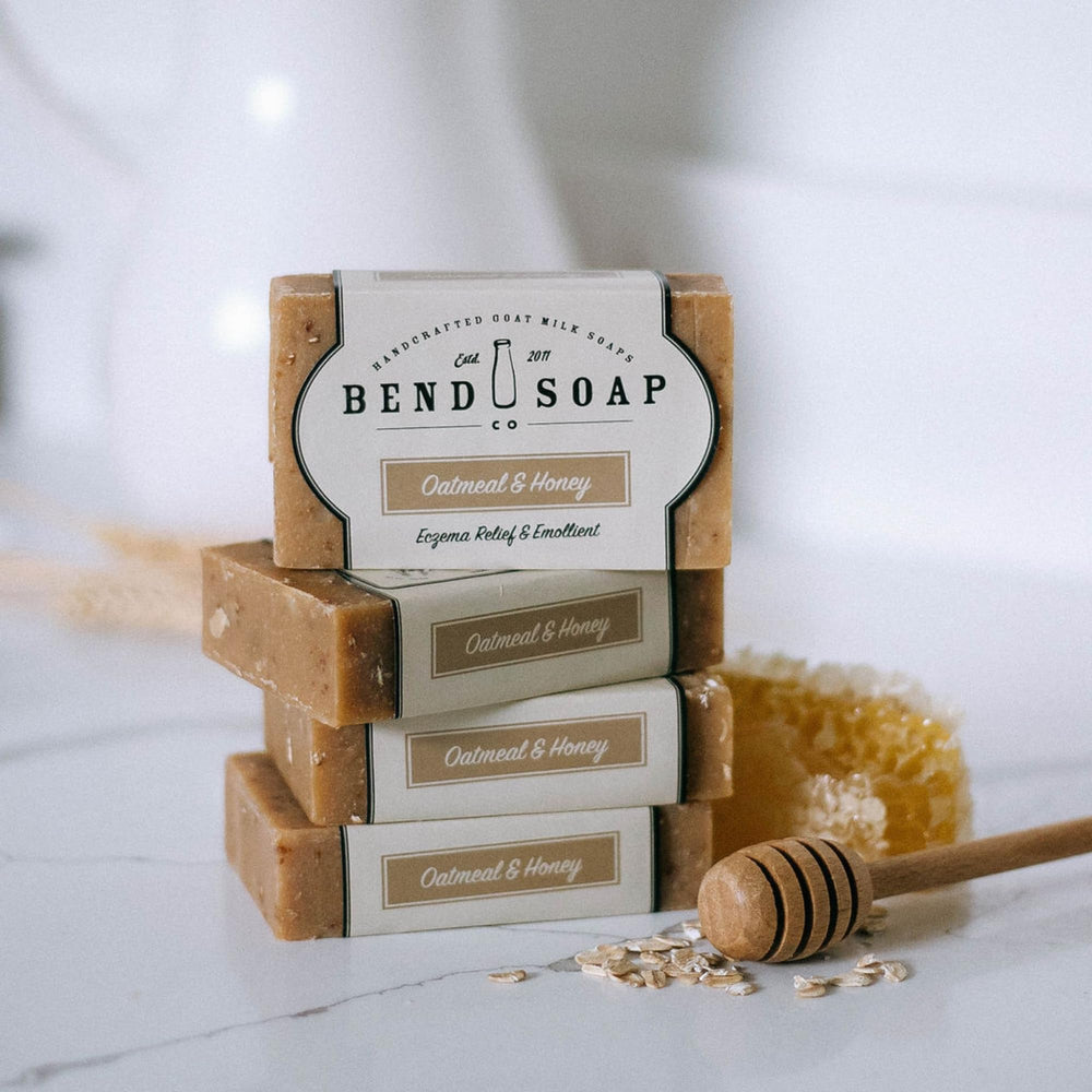 Bend Soap Co. goat milk soap bar closeup shows natural texture for sensitive skin.