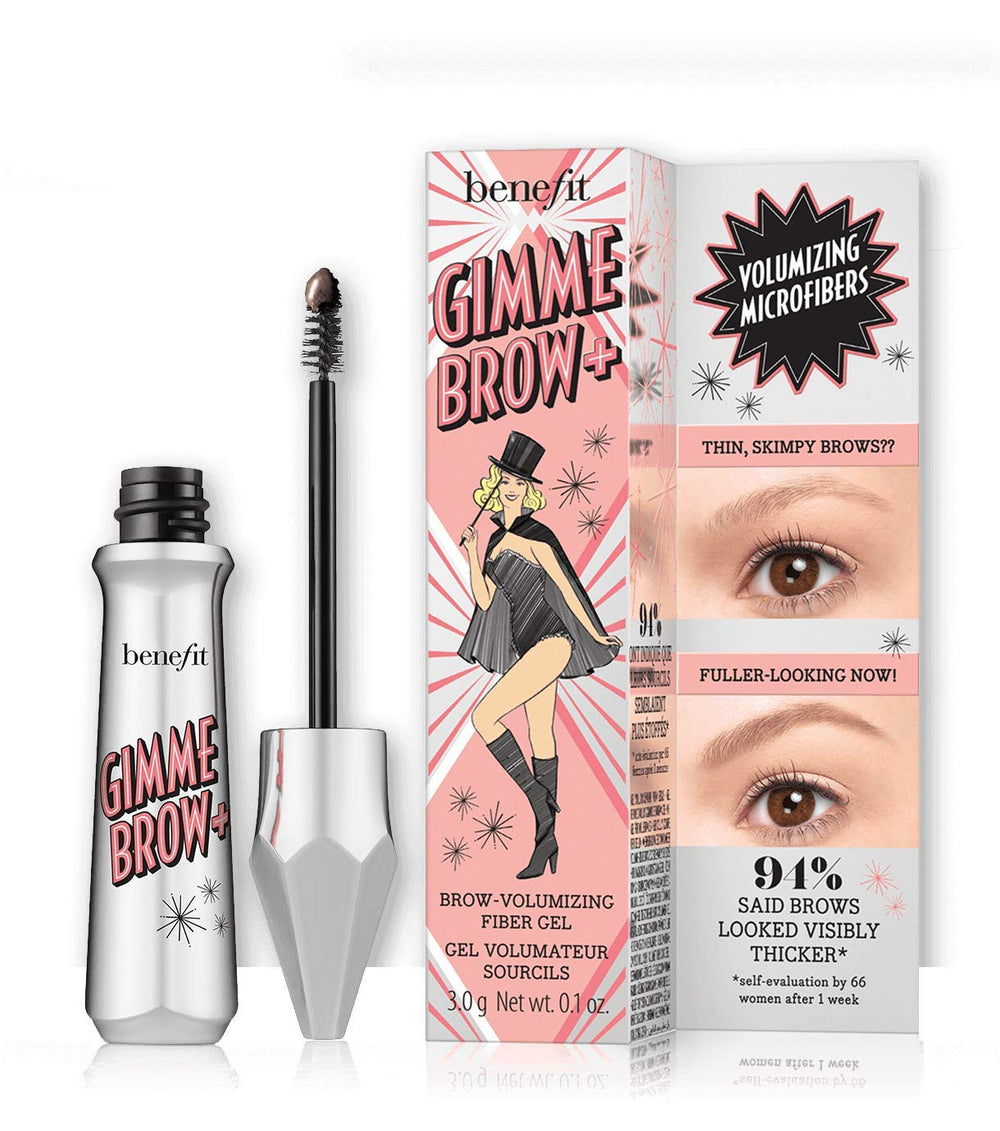 Benefit Gimme Brow+ Volumizing Brow Gel in neutral deep brown for natural, fuller-looking brows.