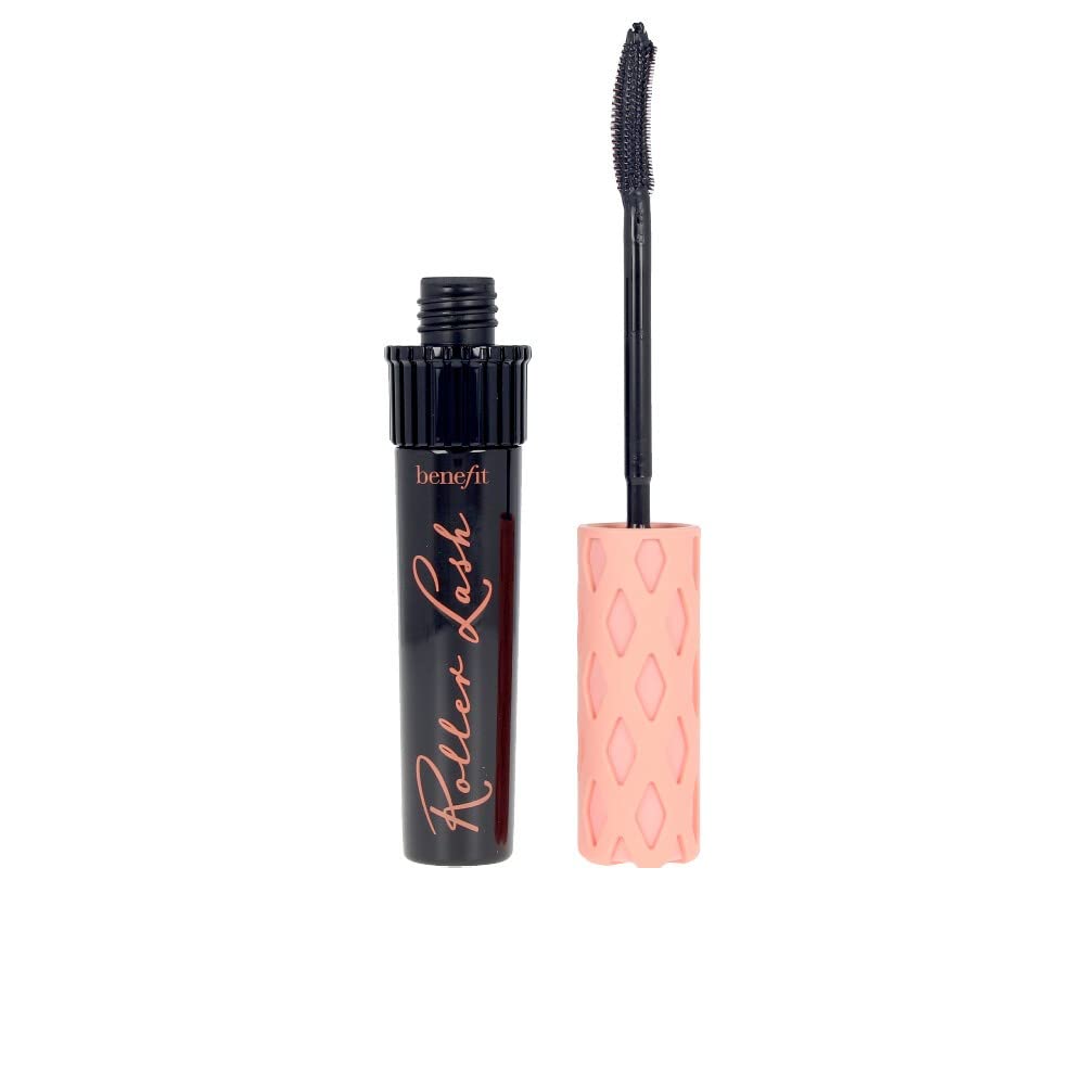 Benefit Roller Lash bottle and wand showcasing curl-ready formula for lifted, long-lasting lashes.