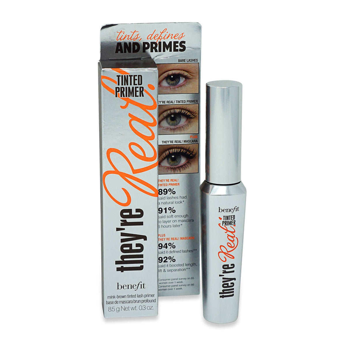 Benefit They're Real tinted lash primer bottle in mink brown adds length.