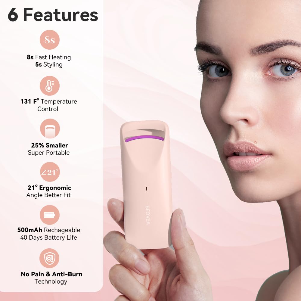 BEOVEA heated eyelash curler charging via Type-C for on-the-go styling