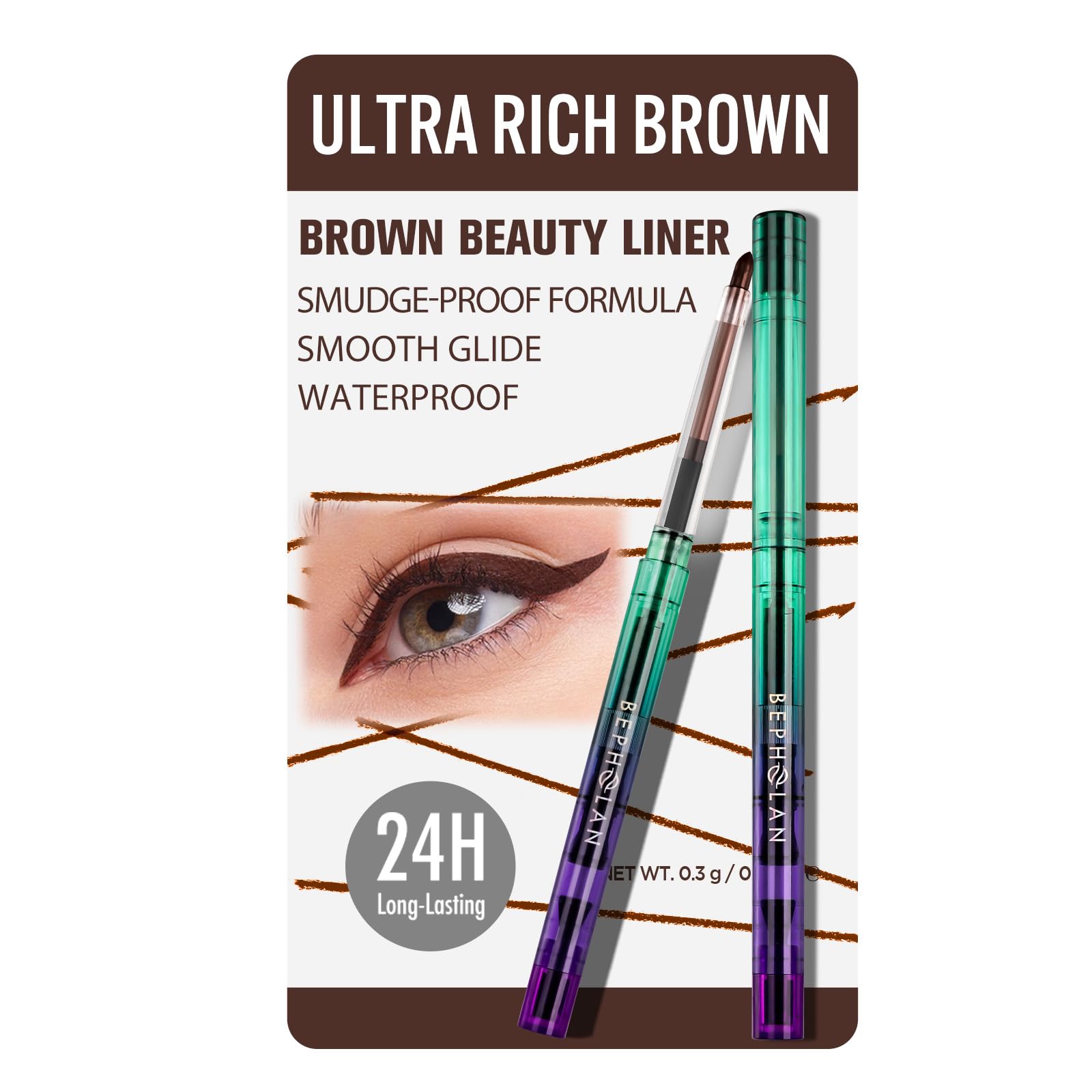 BEPHOLAN brown eyeliner pencil closeup tip for precise definition.