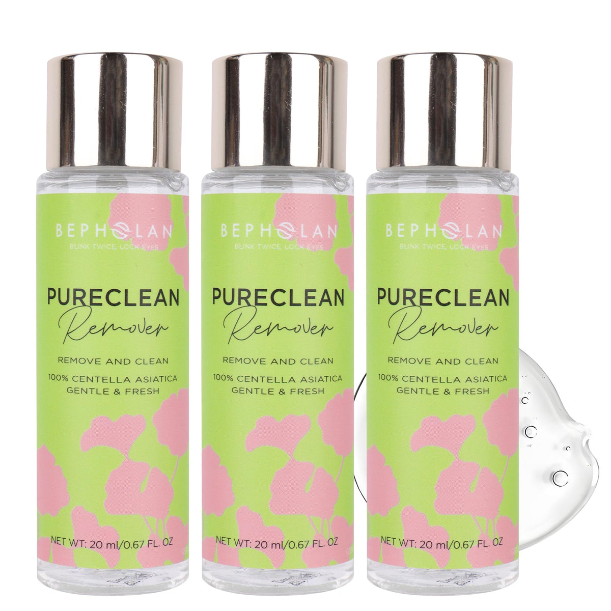 Bepholan Cluster Lash Glue Remover bottle demonstrates gentle lash removal in a 60ml bottle