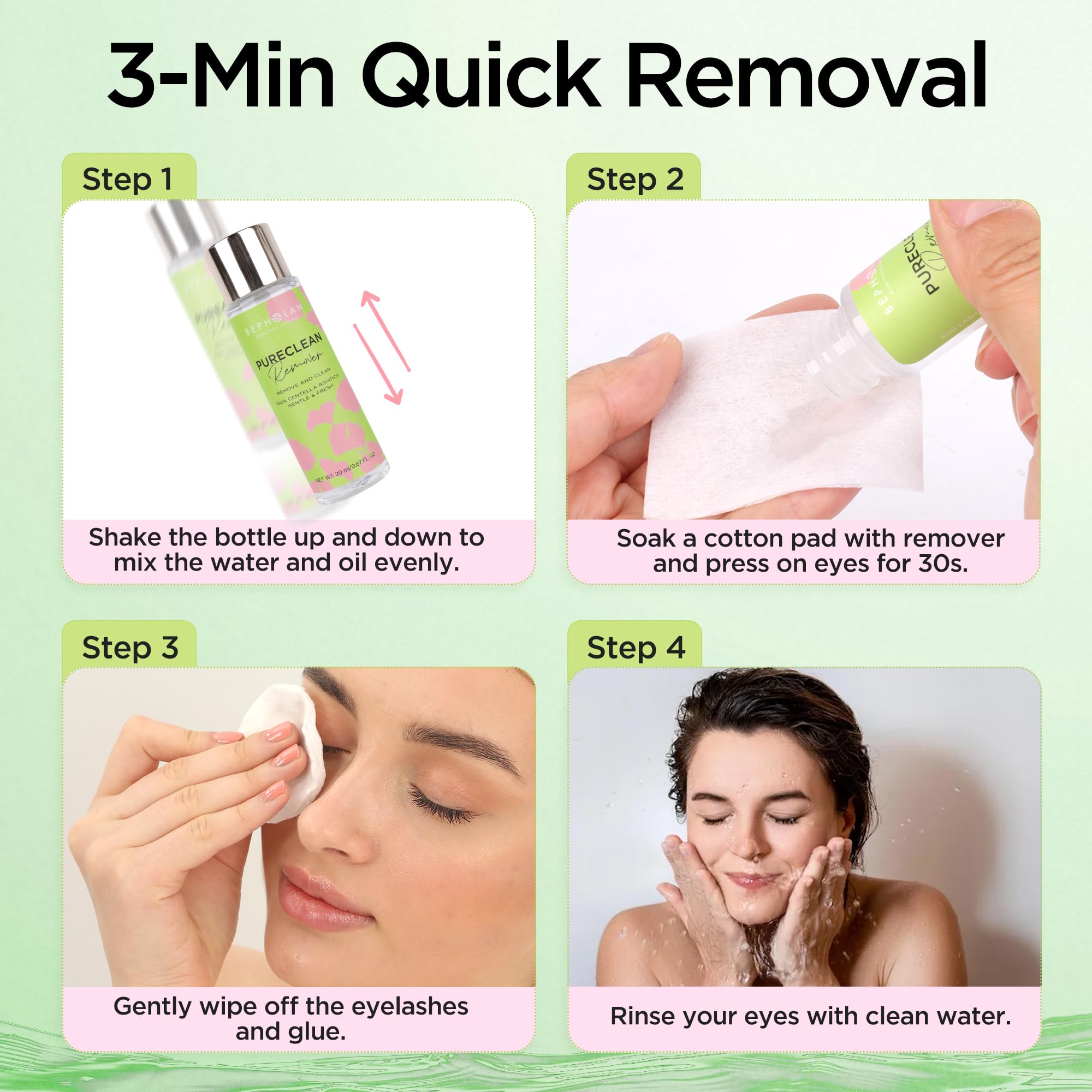 Bepholan Cluster Lash Remover applied to skin for gentle eye cleansing