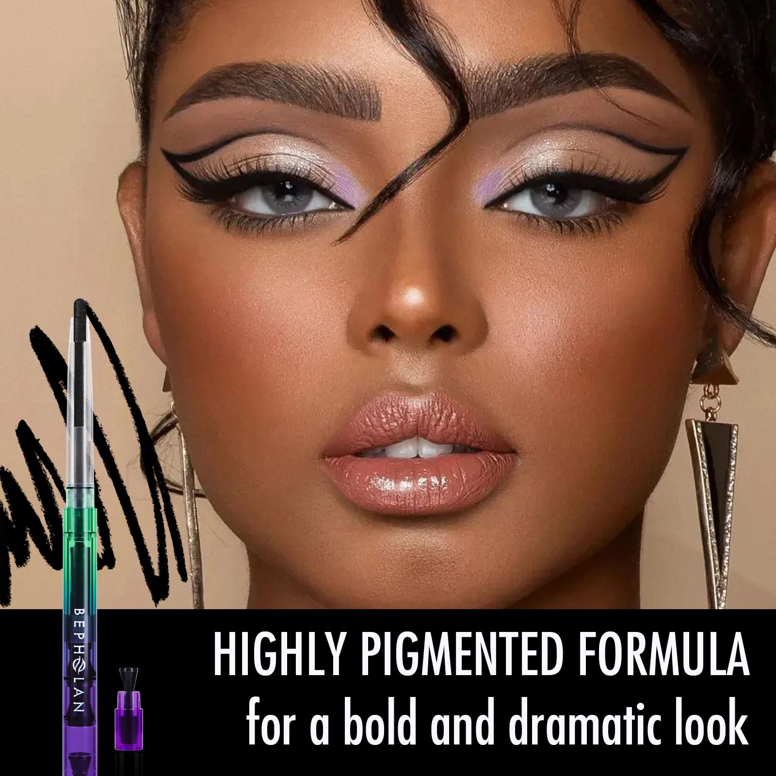 Delineador BEPHOLAN negro gel impermeable para mirada duradera.