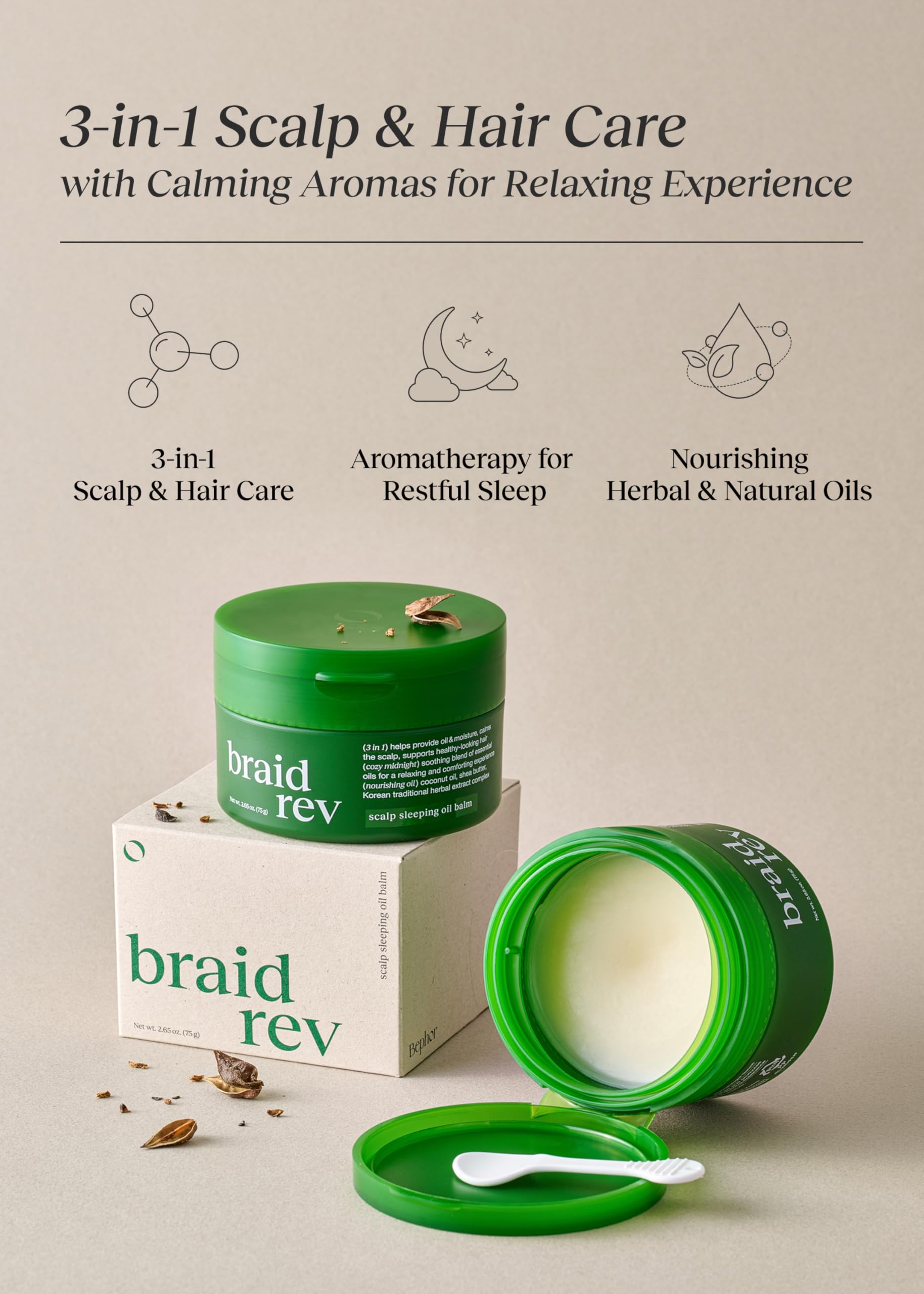 Bephor Braid Rev Balm bedtime-application scene for scalp care