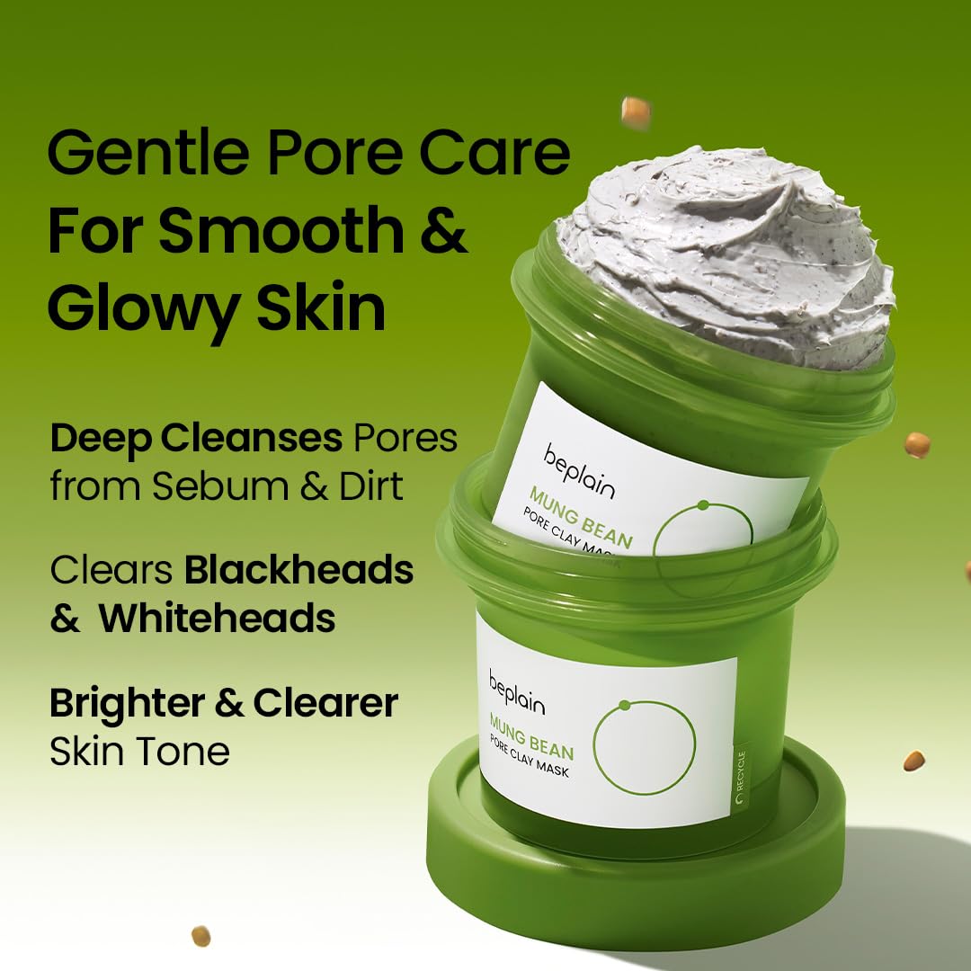 Beplain mascarilla de frijol mung muestra textura cremosa para exfoliar suavemente.