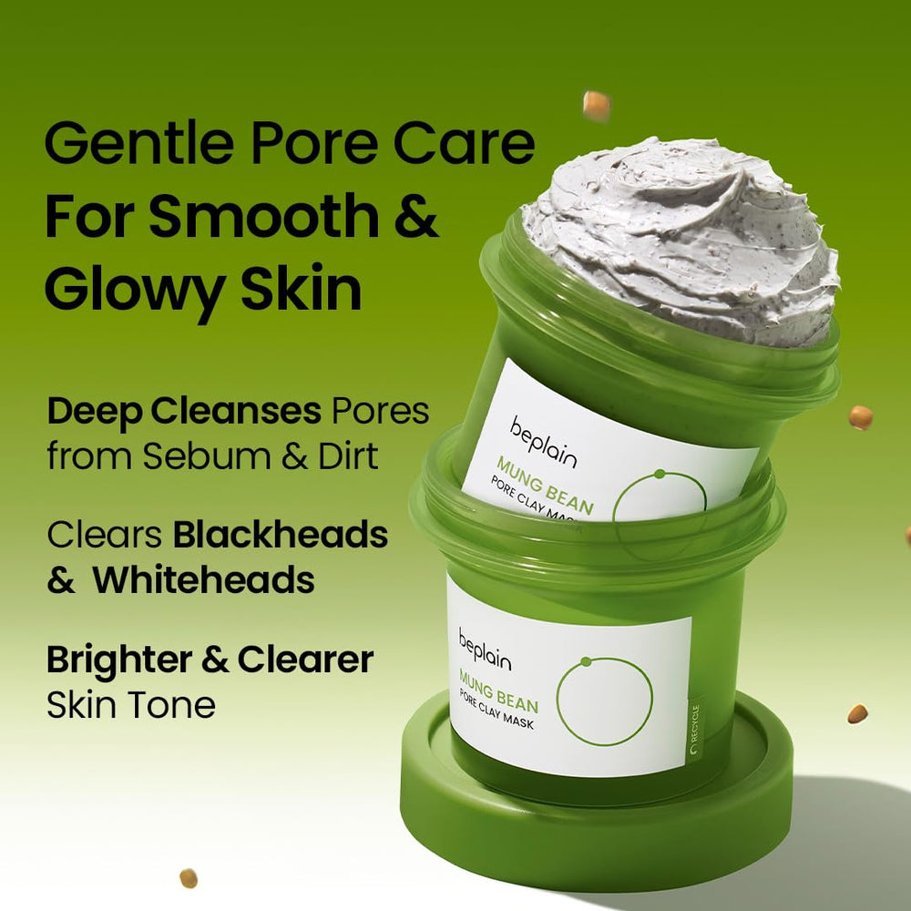 Beplain mascarilla de frijol mung muestra textura cremosa para exfoliar suavemente.