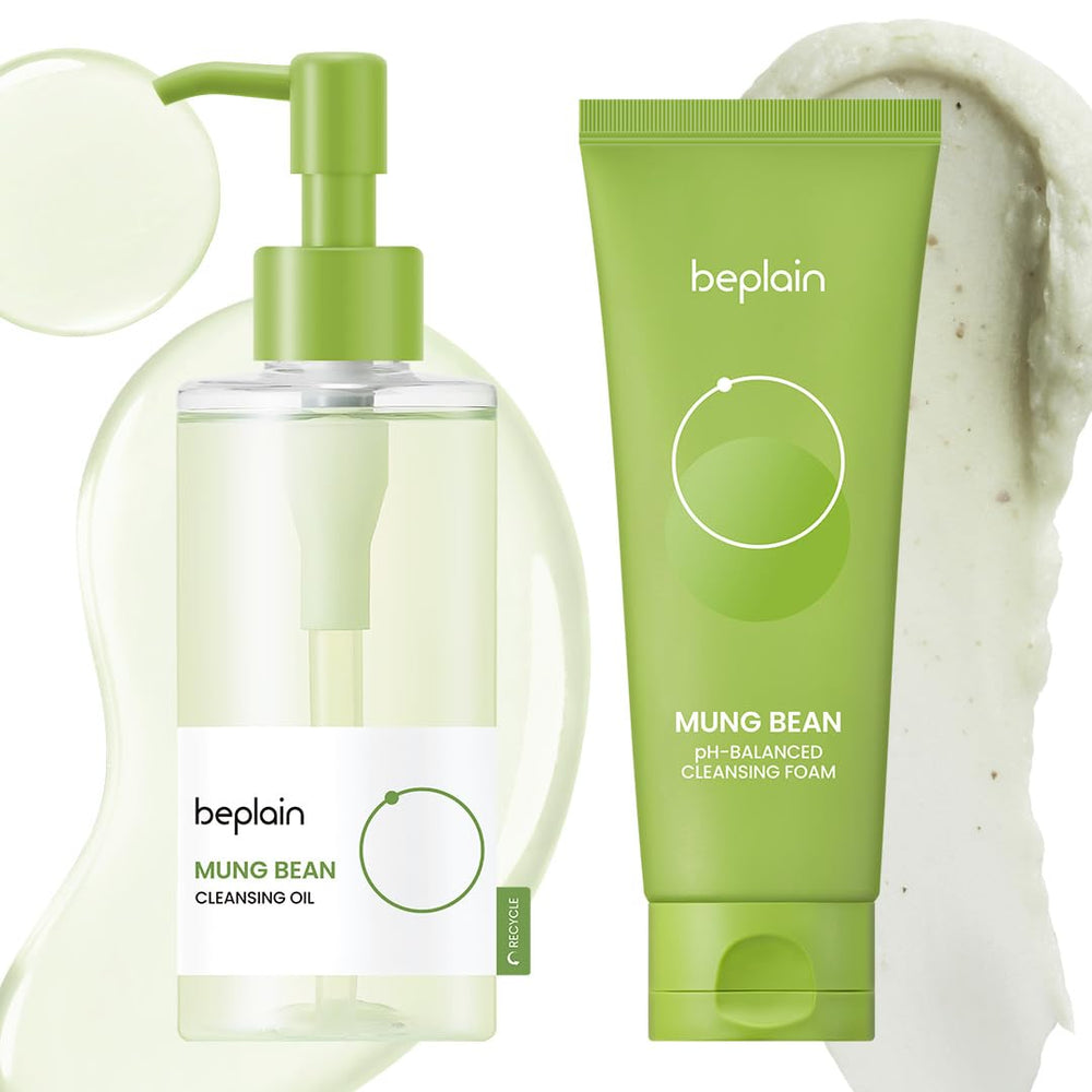 Beplain Mung Bean Pore Care Duo cleansing oil bottle pour for gentle makeup removal