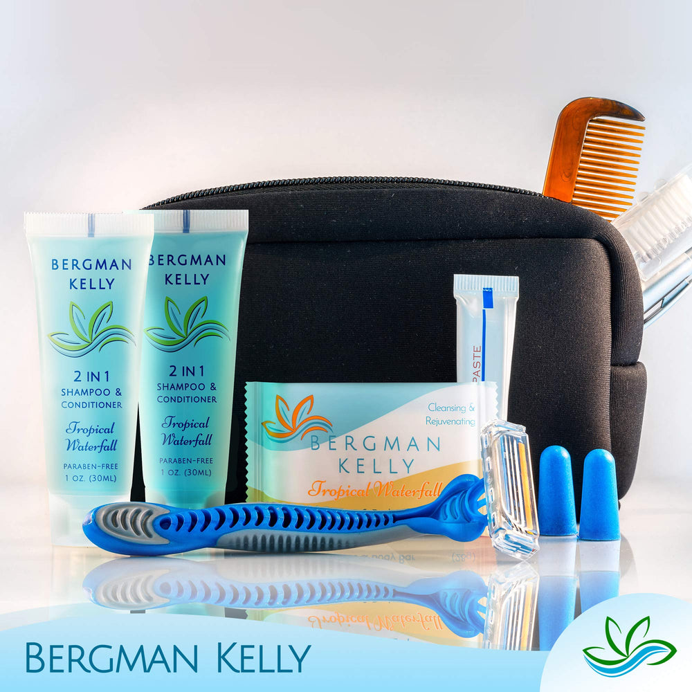 BERGMAN KELLY hotel amenities bulk display ready for guest bathrooms.