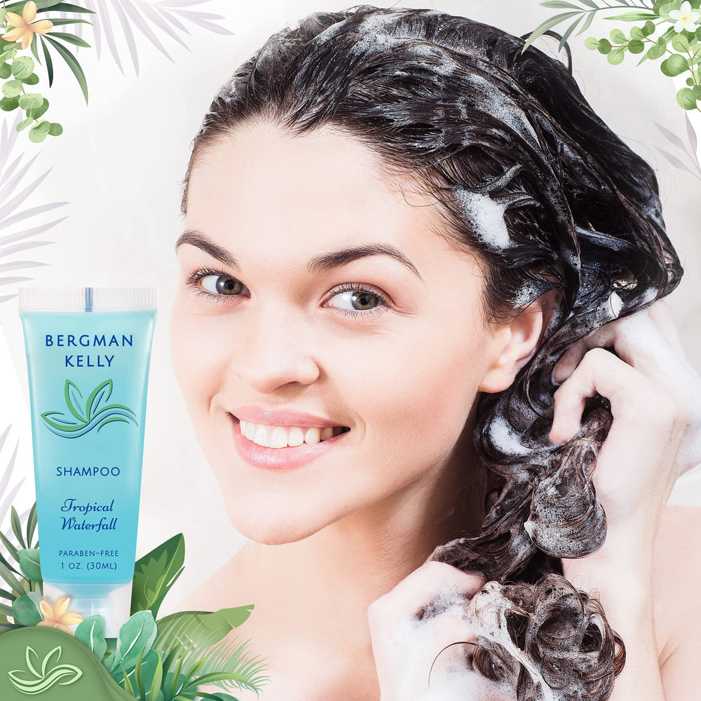 BERGMAN KELLY travel-size shampoo on guest bathroom display, easy to grab