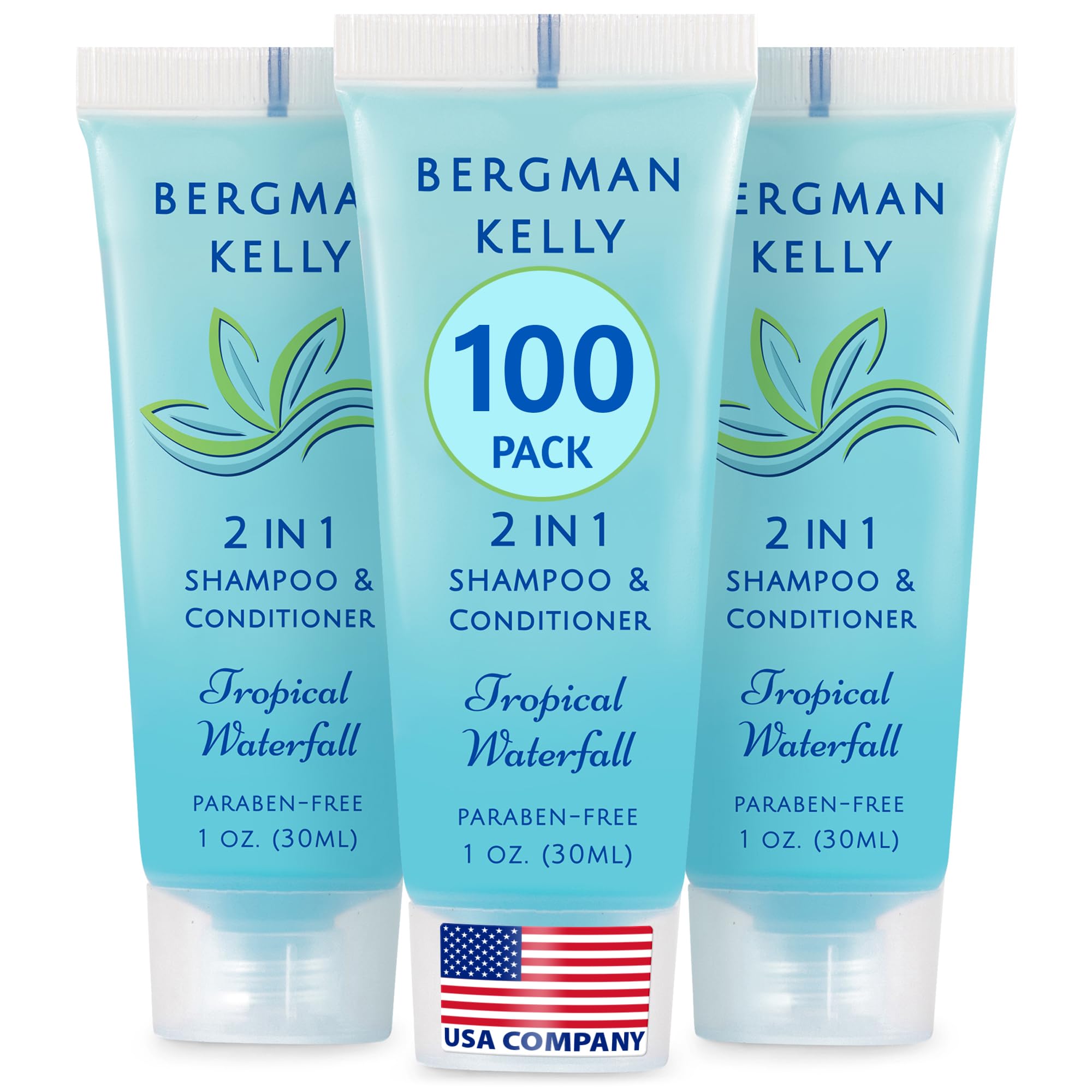 BERGMAN KELLY travel size 2-in-1 shampoo bottle with tropical waterfall scent for guest rooms.