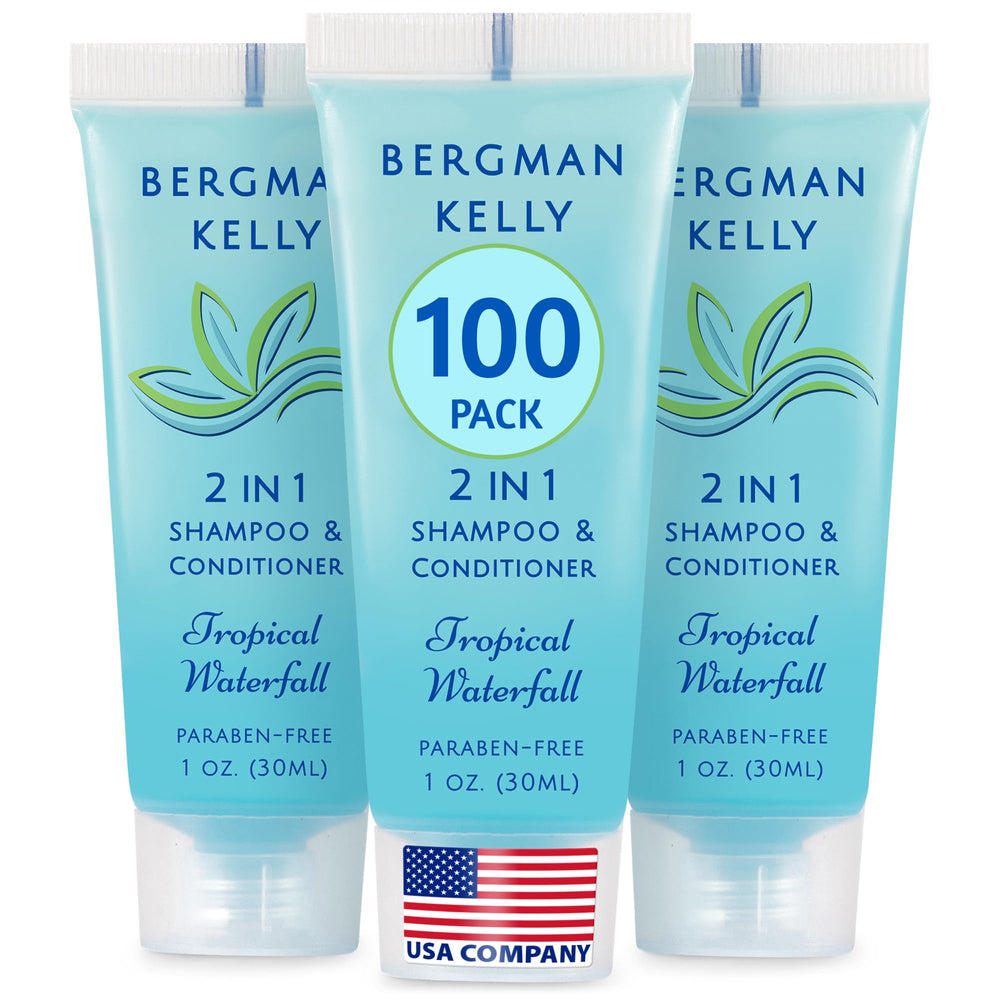 BERGMAN KELLY travel size 2-in-1 shampoo bottle with tropical waterfall scent for guest rooms.