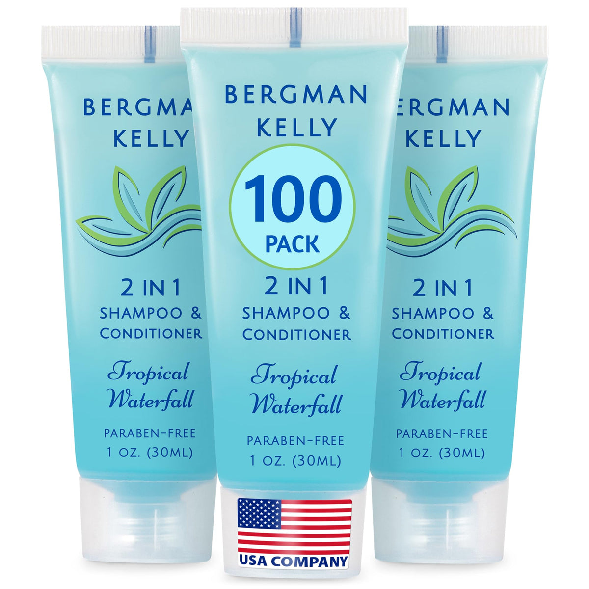 BERGMAN KELLY travel size 2-in-1 shampoo bottle with tropical waterfall scent for guest rooms.