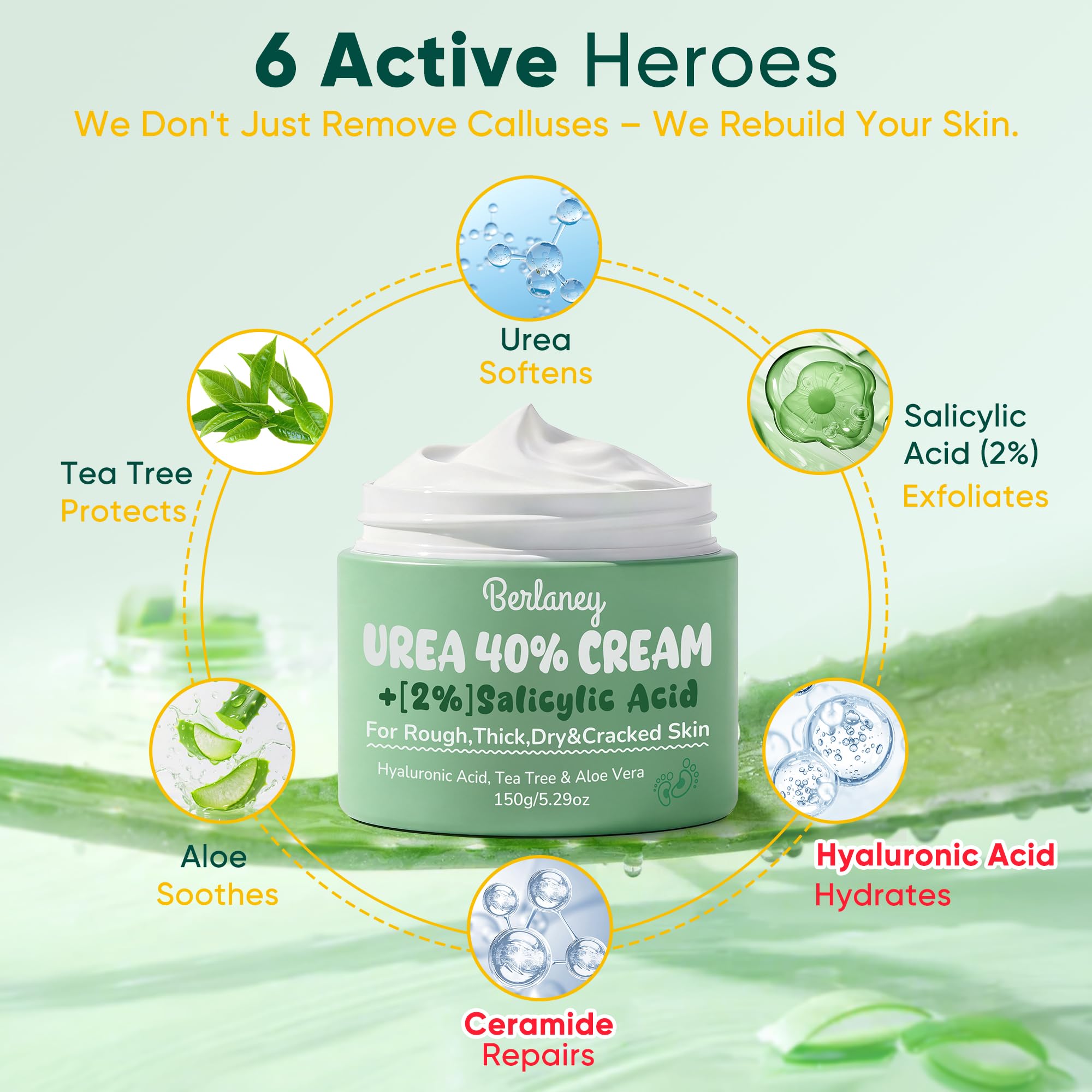 Berlaney crema urea 40% con árbol de té y aloe vera para cuidado refrescante.