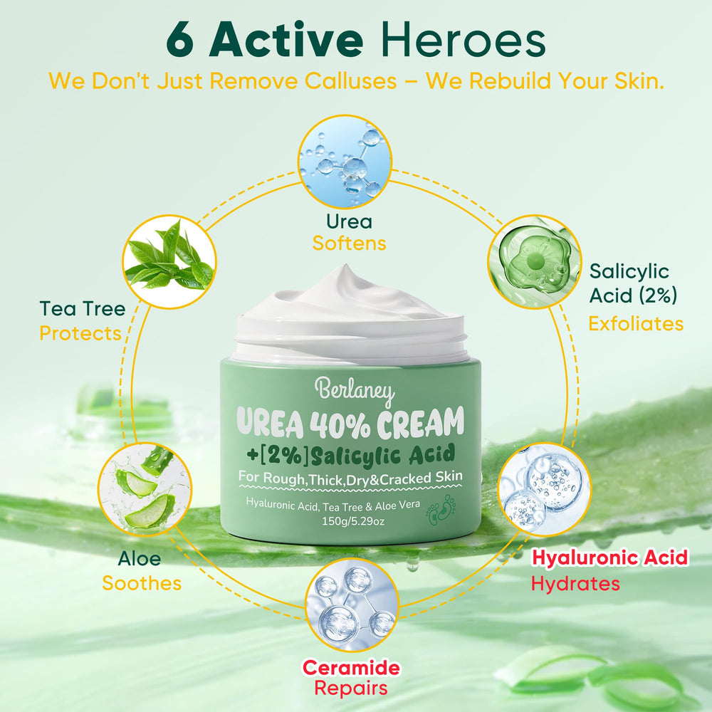 Berlaney crema urea 40% con árbol de té y aloe vera para cuidado refrescante.