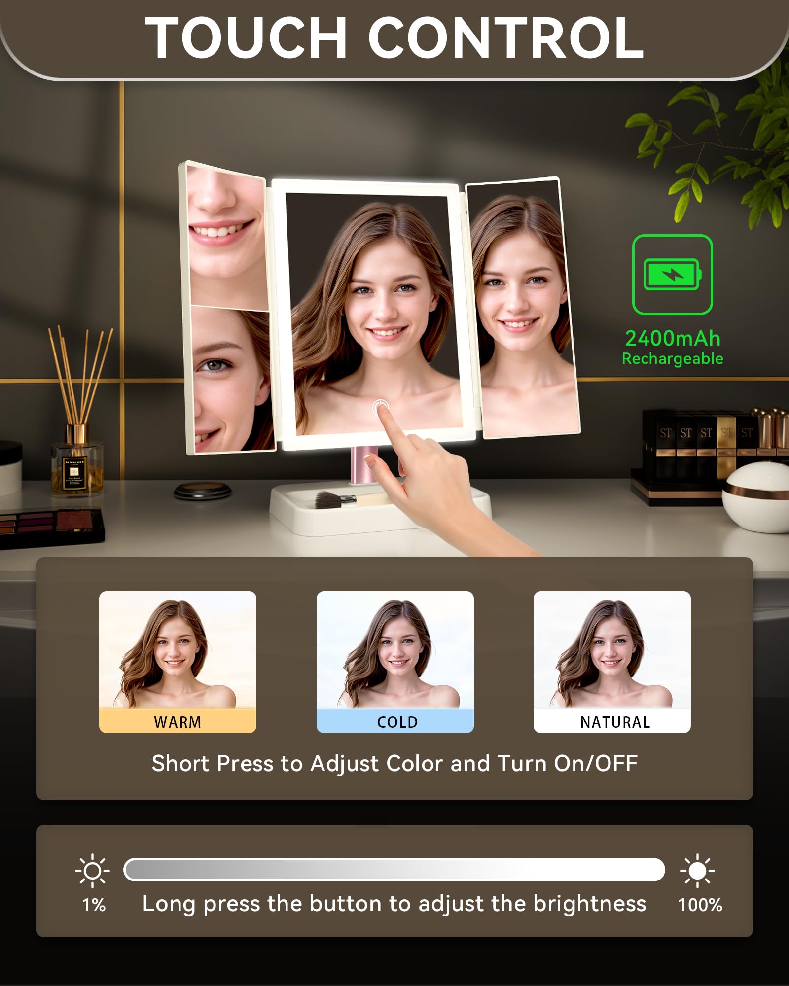 Berthaless makeup mirror LEDs on for clear detail during morning routine.