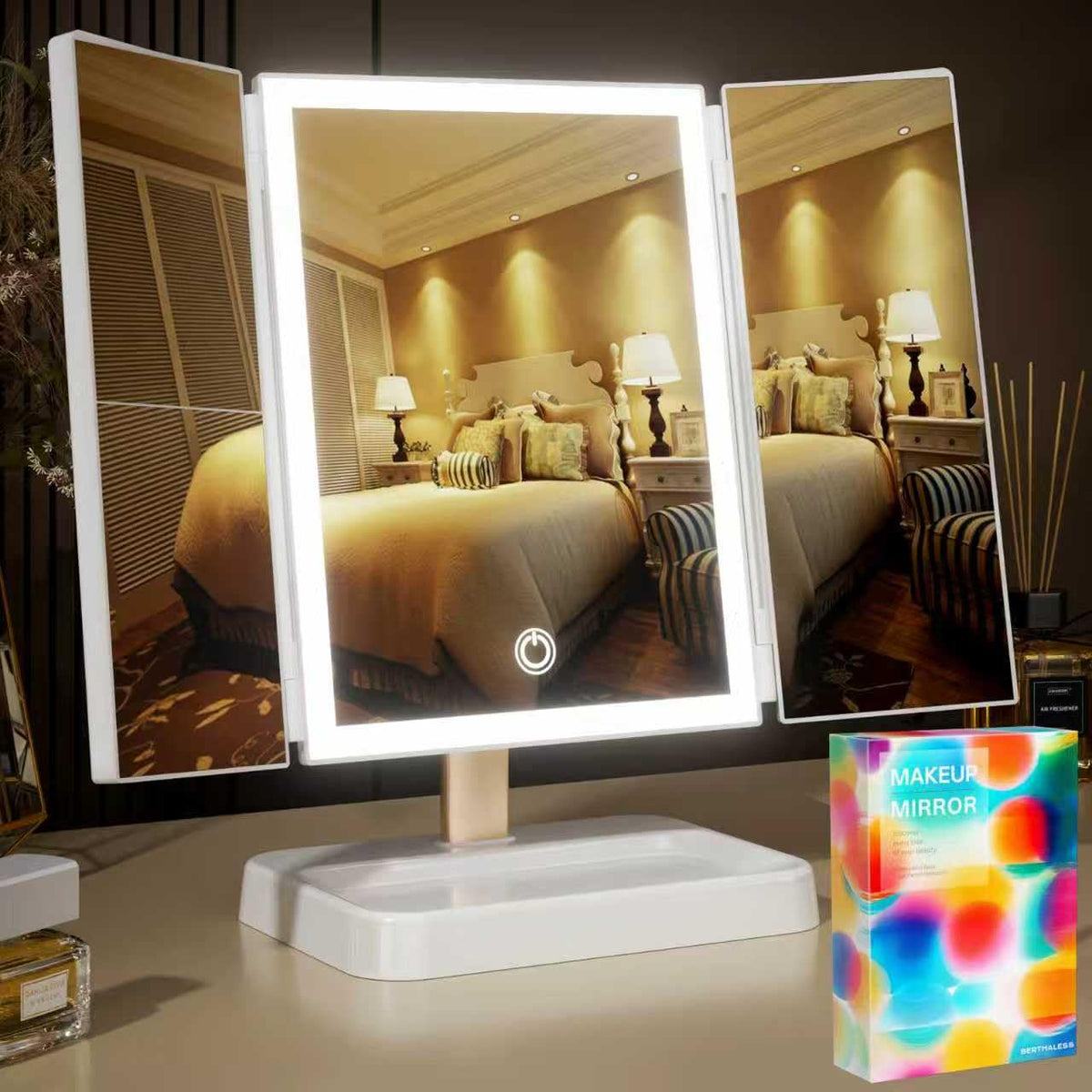 Berthaless mom makeup mirror front view with LEDs for precise makeup tasks.