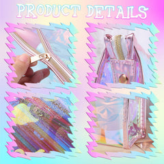BESARME holographic bag open with zipper shows waterproof and easy access to cosmetics.