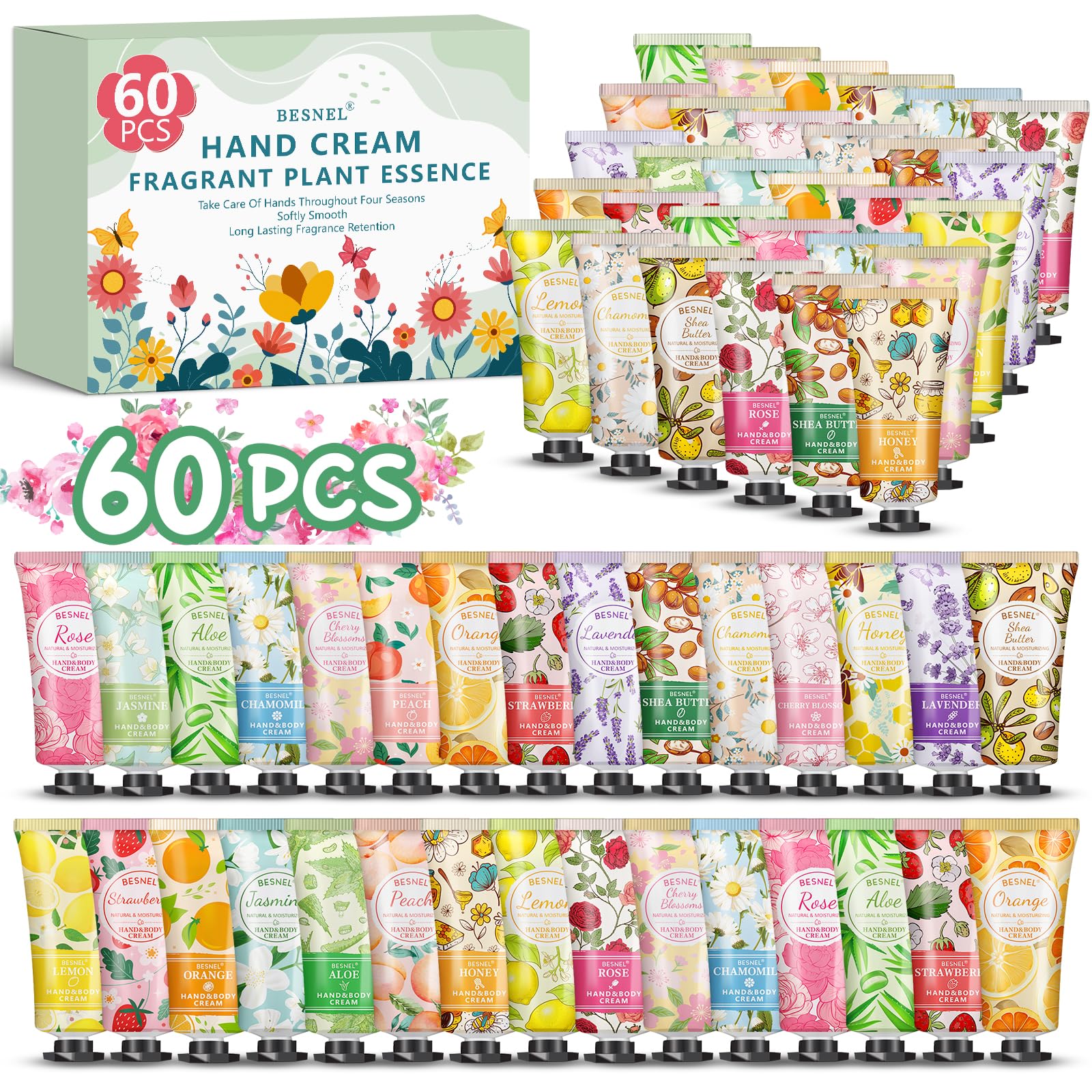 BESNEL set de 60 cremas de manos, regalo práctico para uso diario.