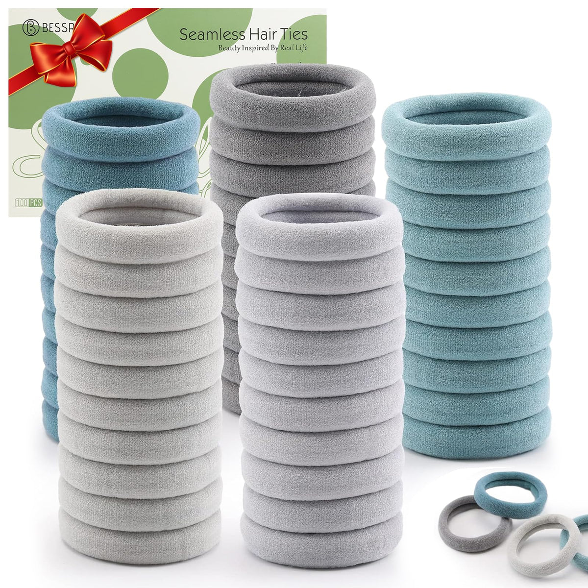 Bessrung 100pcs thick seamless hair ties in a soft nylon texture for everyday wear.