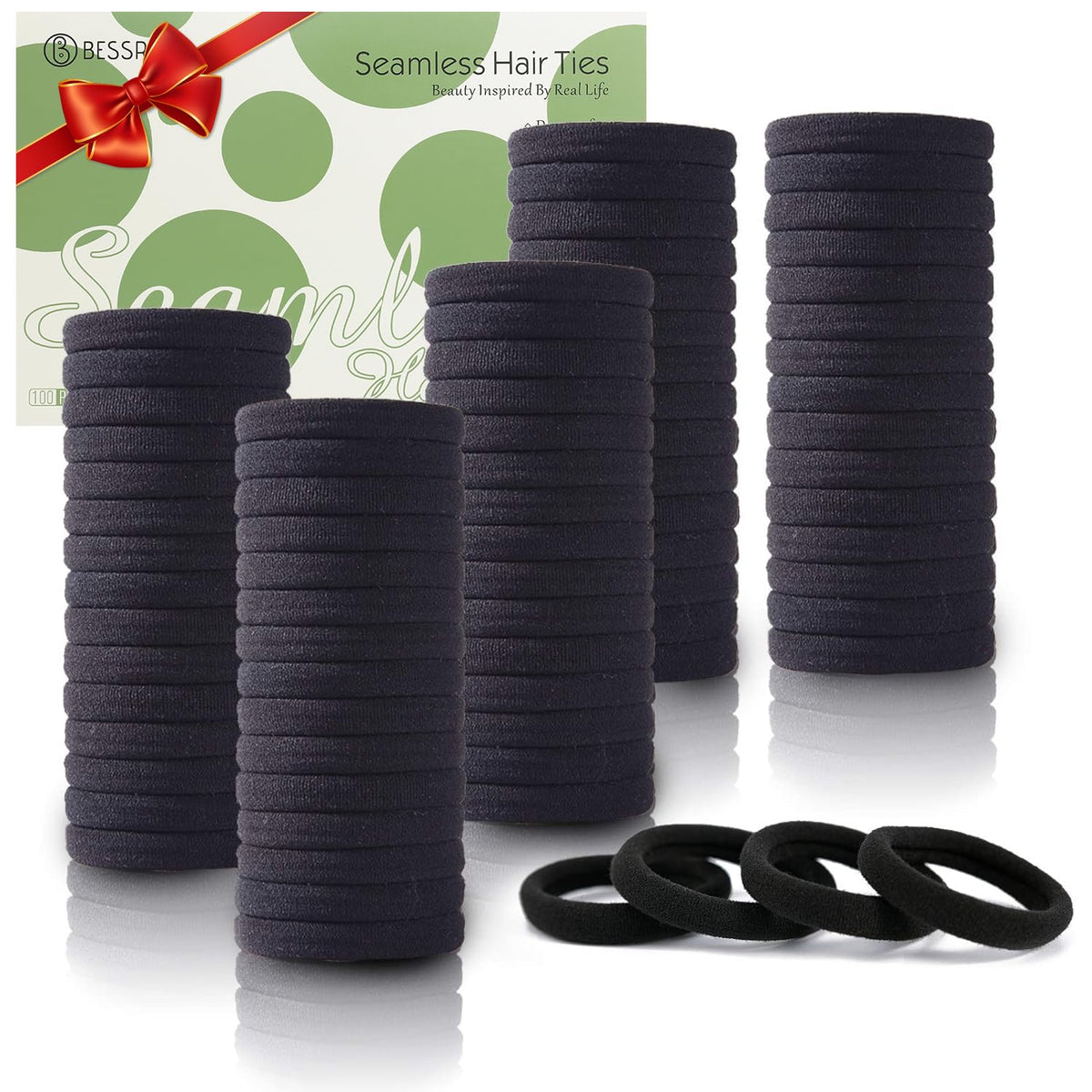 Bessrung seamless thick black hair ties 1.5 inch diameter for secure gentle ponytails