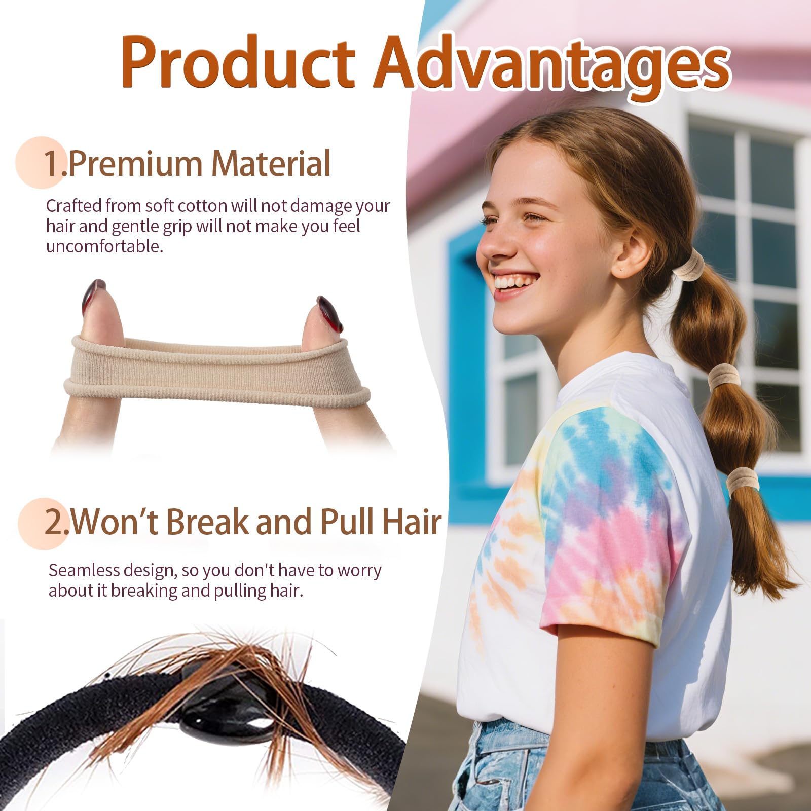 Bessrung beige hair tie accommodates thin to thick hair.