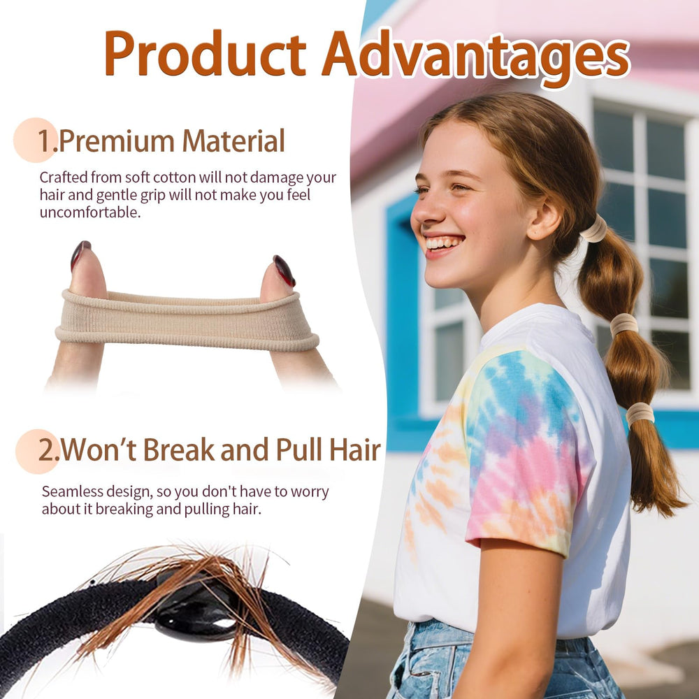 Bessrung beige hair tie accommodates thin to thick hair.