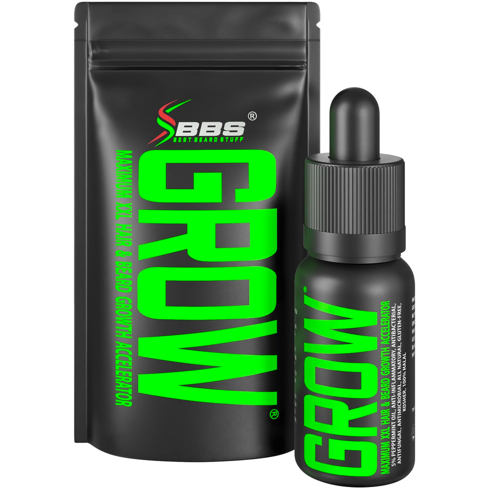 Best Beard Stuff GROW XXL bottle closeup highlighting organic formula for beard growth