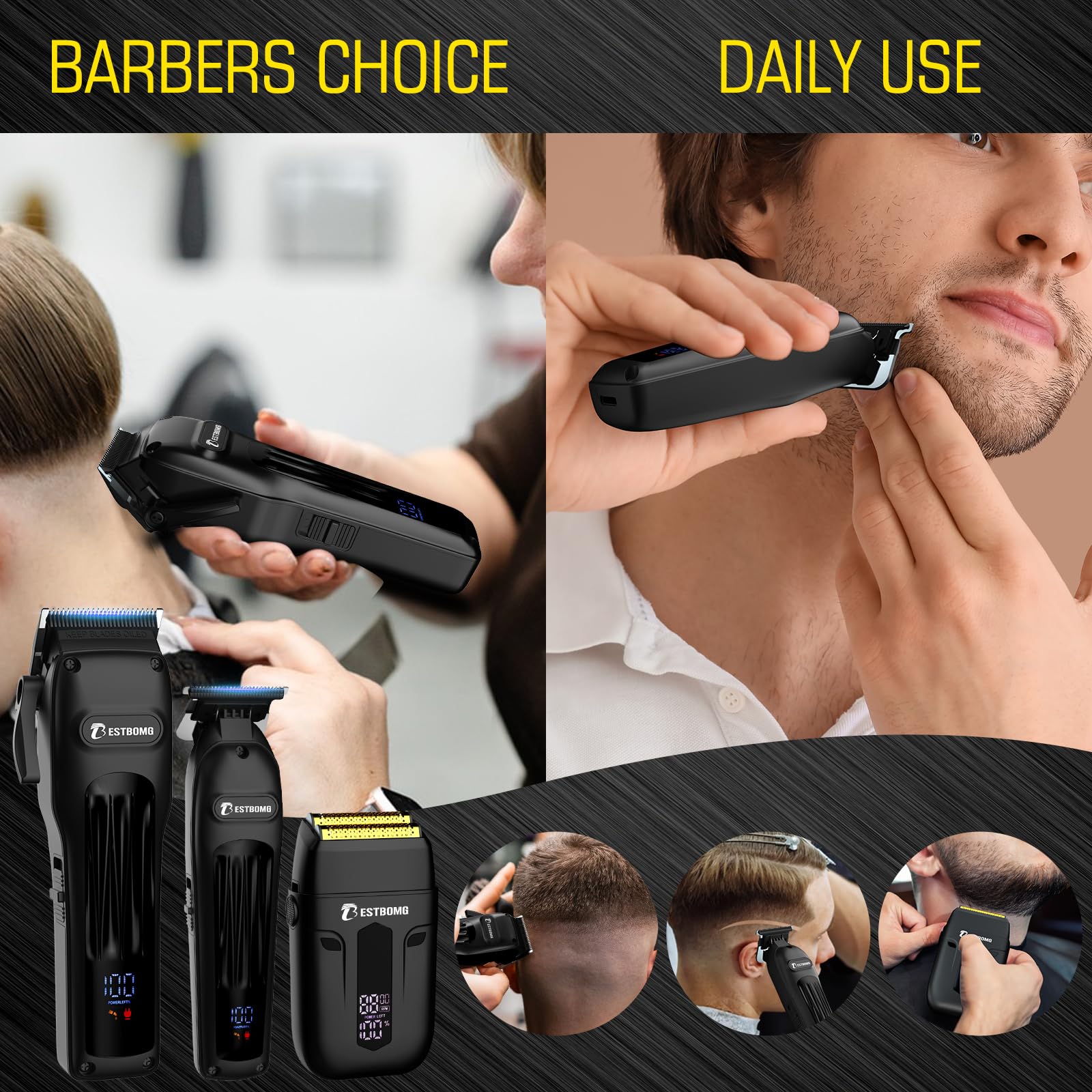 BESTBOMG BS-808A guide combs array for easy fades and trims.