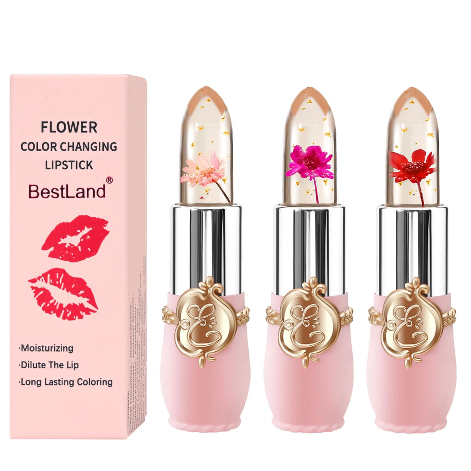Labial BestLand gel con flor real, diseño único y portátil.