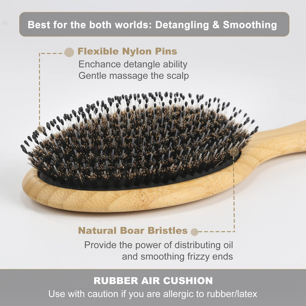 BESTOOL dual-bristle brush detangles thick hair while distributing natural oils for smoother shine.